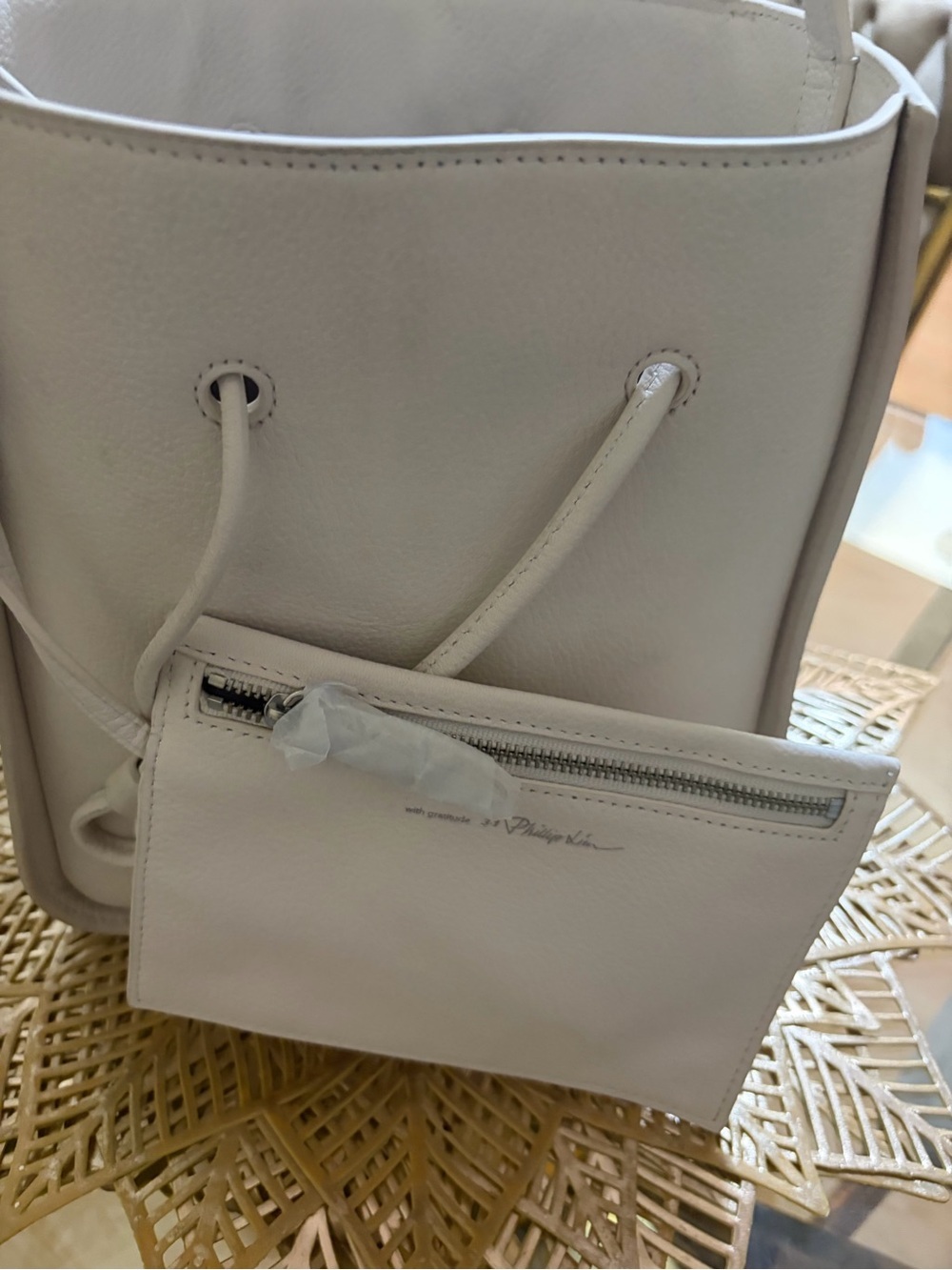 Philip Lim White Leather Drawstring Tote with Removable Pouch